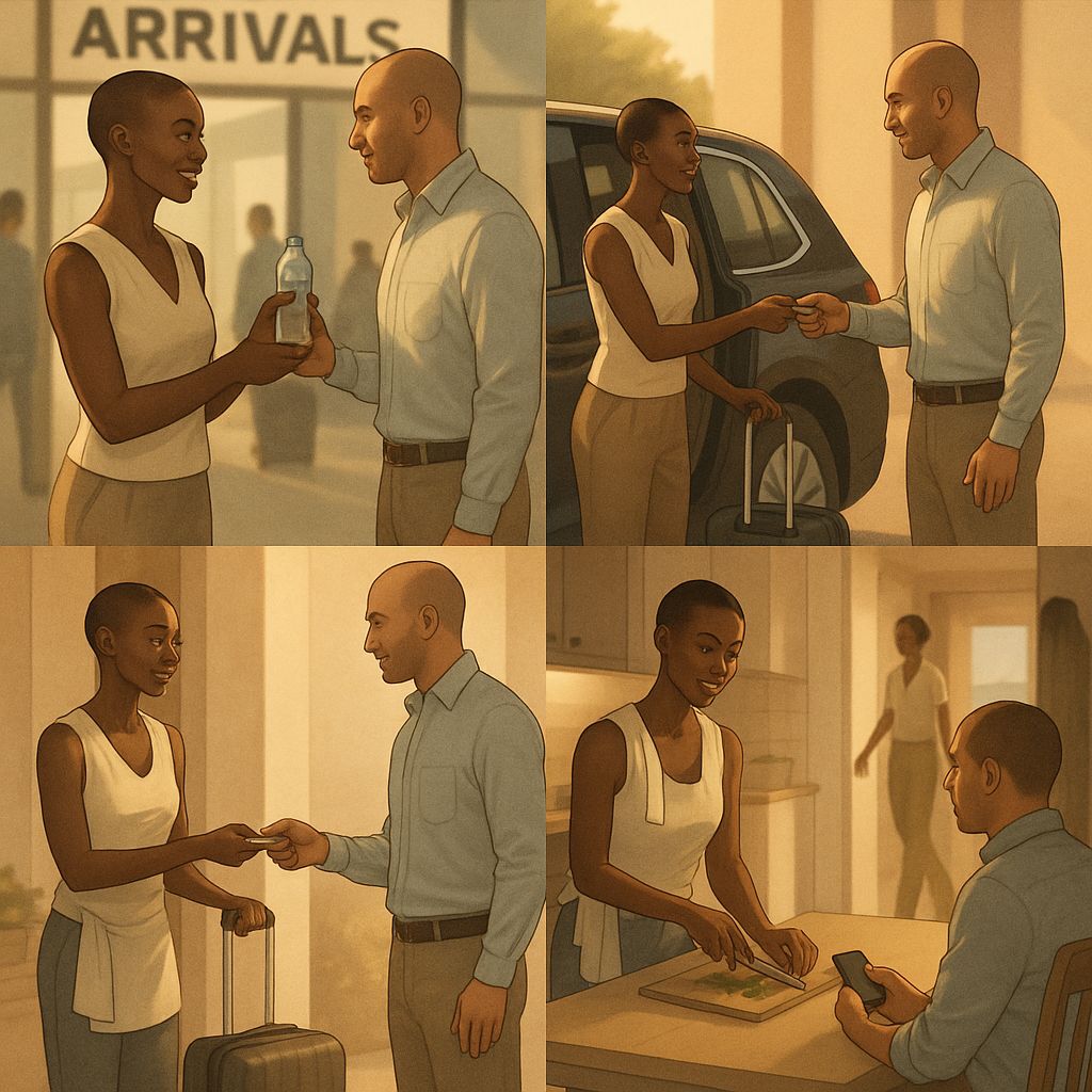 Illustration of a KIMANZI host welcoming a guest at Nairobi arrivals: handing over water at the airport, transferring keys at the car, walking to the apartment with luggage, and settling in at home.